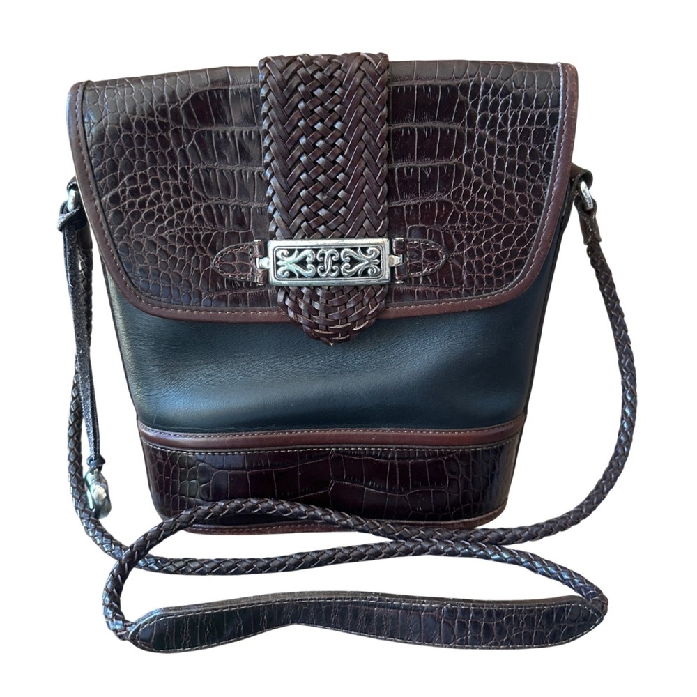 90s Brighton Black Brown Leather Croc Woven Crossbody‎ Bag Purse Vintage